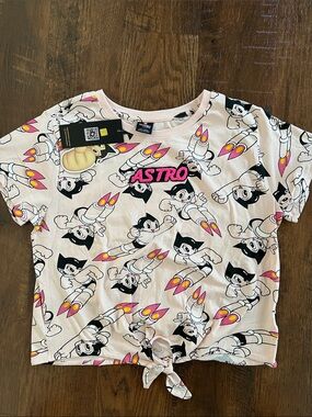 ASTRO Pink Tie-Front Short Sleeve Tee - Cartoon Rocket Print